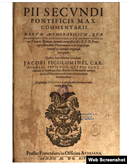 „Commentarii rerum memorabilium, quae temporibus suis contigerun”, de Papa Pius II, Frankfurt, 1614, pagina de titlu.