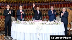 The presidents of Turkmenistan (left to right), Kazakhstan, Kyrgyzstan, Tajikistan, and Uzbekistan pose at the Central Asian summit in Cholpon-Ata on July 21.
