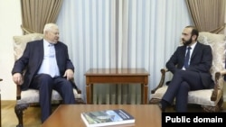 Министр иностранных дел Армении Арарат Мирзоян (справа) и личный представитель действующего председателя ОБСЕ Анджей Каспшик, Ереван, 3 августа 2022 г.