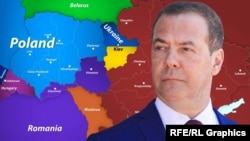 Colaj, Dmitri Medvedev, vicepreședinte al Consiliului de Securitate al Rusiei, pe fundalul unei hărți a dezmembrării Ucrainei publicate de el pe 27 iulie 2022