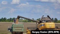 Украина -- Комбајн собира пченица.