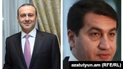 Секретарь Совета безопасности Армении Армен Григорян (слева) и помощник президента Азербайджана по вопросам внешней политики Хикмет Гаджиев