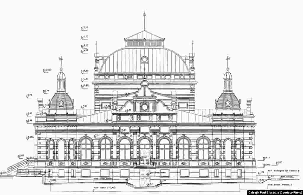 Plan al Cazinoului din Vatra Dornei, latura dinspre Vest, din colecția lui Paul Brașcanu. Arhitectul și artistul plastic care s-au ocupat de restaurare remarcă simetria impresionantă a construcției.