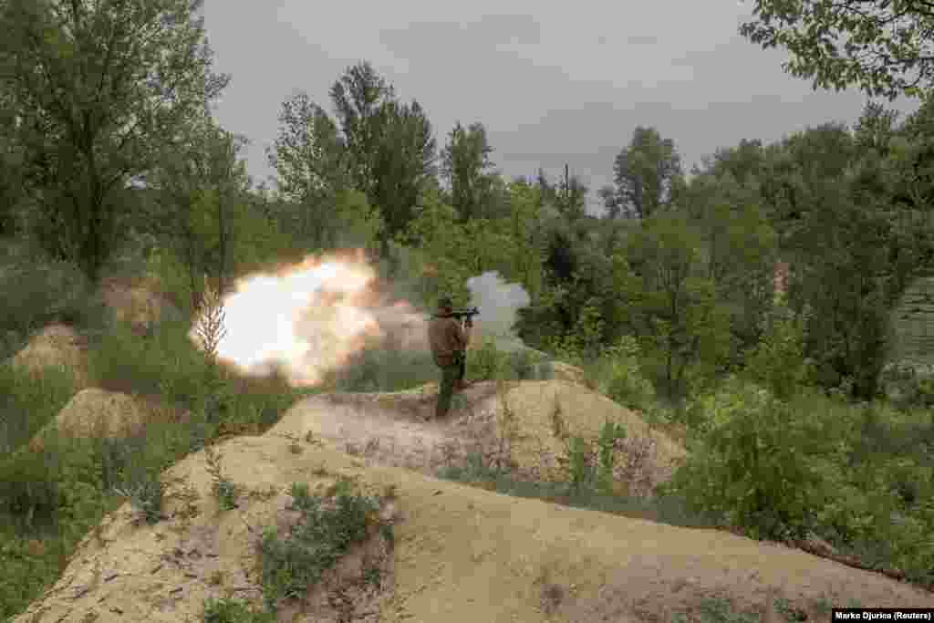 A soldier launches a rocket-propelled grenade during a training exercise for new recruits at the end of June. Russia falsely claims that Ukraine is controlled by Nazis and used that charge as one of the justifications for its unprovoked invasion.&nbsp;