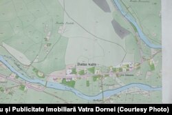 Vatra Dornei la 1856. În partea de jos a hărții sunt notate „băile” - Badhaus, în forma incipientă pe care o aveau atunci.