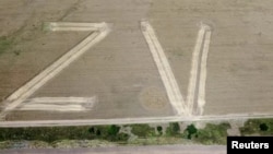 Буквы Z и V, выкошенные на пшеничном поле в Красногвардейском районе. Крым, 15 июля 2022 года