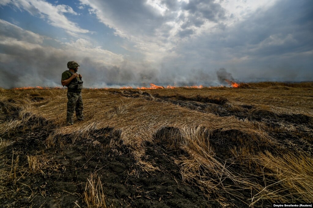 Një ushtarak ukrainas duke qëndruar në një arë me grurë që po digjet pranë vijës së frontit në kufirin midis rajoneve Zaporizhija dhe Donjeck.