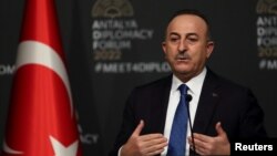 Turkey - Turkish Foreign Minister Mevlut Cavusoglu speaks during a news conference in Antalya, March 10, 2022.