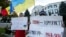 Ukrainian refugees and Moldovan citizens protest against the war in Ukraine in front of the Russian Embassy in Chisinau in October 2022.