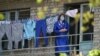 UKRAINE - A resident stands on the balcony of a hostel closed for hard quarantine due to an outbreak of the COVID-19 coronavirus in the small Ukrainian town of Vyshneve outside Kyiv on April 24, 2020