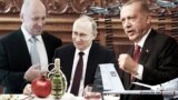 Слева направо: Евгений Пригожин, Владимир Путин, Реджеп Тайип Эрдоган. Коллаж