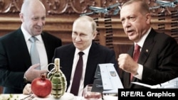 Слева направо: Евгений Пригожин, Владимир Путин, Реджеп Тайип Эрдоган. Коллаж