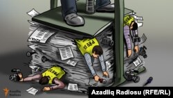 "İlham Əliyev və azad söz". Karikatura. Gündüz Ağayev.