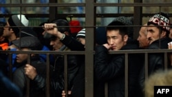 Мигранты стоят в очереди в отделение ФМС за разрешением на легальное пребывание в России