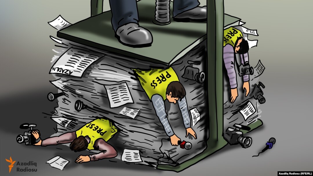 "İlham Əliyev və azad söz". Karikatura. Gündüz Ağayev.