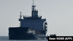 A cargo ship loaded with grain is inspected in the anchorage area near the southern entrance to the Bosphorus in Istanbul on October 31.