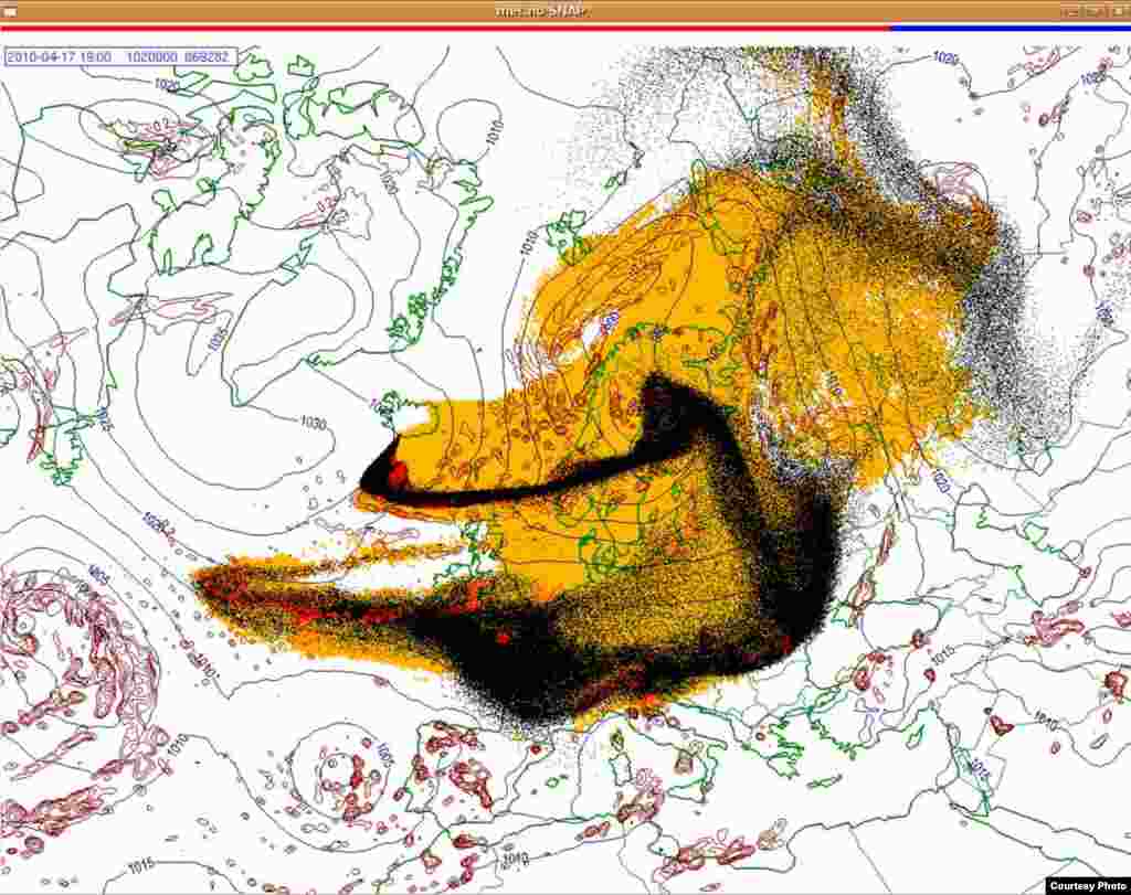 Projected spread of Icelandic ash cloud (17.4. 1900 UTC) - These images show a projection of the movement of the ash clouds from the Iceland volcanic eruption moving over Europe. The colors on the map represent: yellow: ash that has fallen by itself red: ash that has fallen by precipitation black: the actual ash cloud Source: Norwegian Meteorological Institute