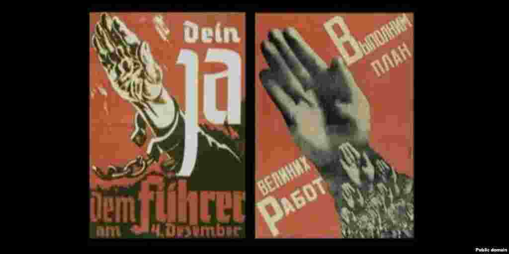 German text: &quot;Vote yes for the fuehrer on December 4&quot; Russian text: &quot;Fulfill the plans for great projects&quot;