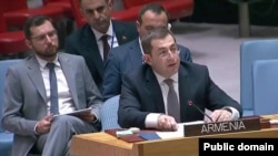 Mher Margarian, Armenia's ambassador to the United Nations, addresses the UN Security Council in New York on September 15.