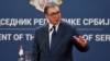 Serbian President Aleksandar Vucic speaks during a joint press conference with European Commission President following their meeting in Belgrade on October 31, 2023.