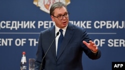 Serbian President Aleksandar Vucic speaks during a joint press conference with European Commission President following their meeting in Belgrade on October 31, 2023.