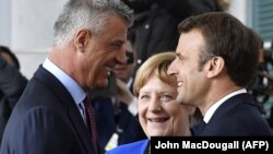 Președintele Kosovo, Hashim Thaci, primit la Berlin de cancelara Angela Merkel și președintele francez Emmanuel Macron, 29 aprilie 2019