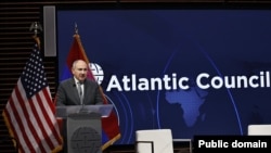 U.S. - Armenian Prime Minister Nikol Pashinian speaks at the Atlantic Council in Washington, February 5, 2025.