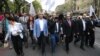 Armenia - Nikol Pashinian (C) and other leaders of the Yelk alliance lead a pre-election demonstration in Yerevan, 21Apr2017.