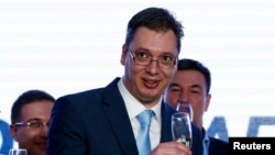 Сербия вице-премьері, Сербия прогрессивтік партиясының жетекшісі Александр Вучич партияның жеңіске жеткеніне орай сөйлеп тұр. Белград, 16 наурыз 2014 жыл.