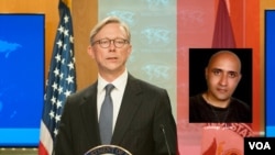 A video grab showing Brian Hook speaking about Iranian blogger Sattar Beheshti who was killed in police custody in 2012.