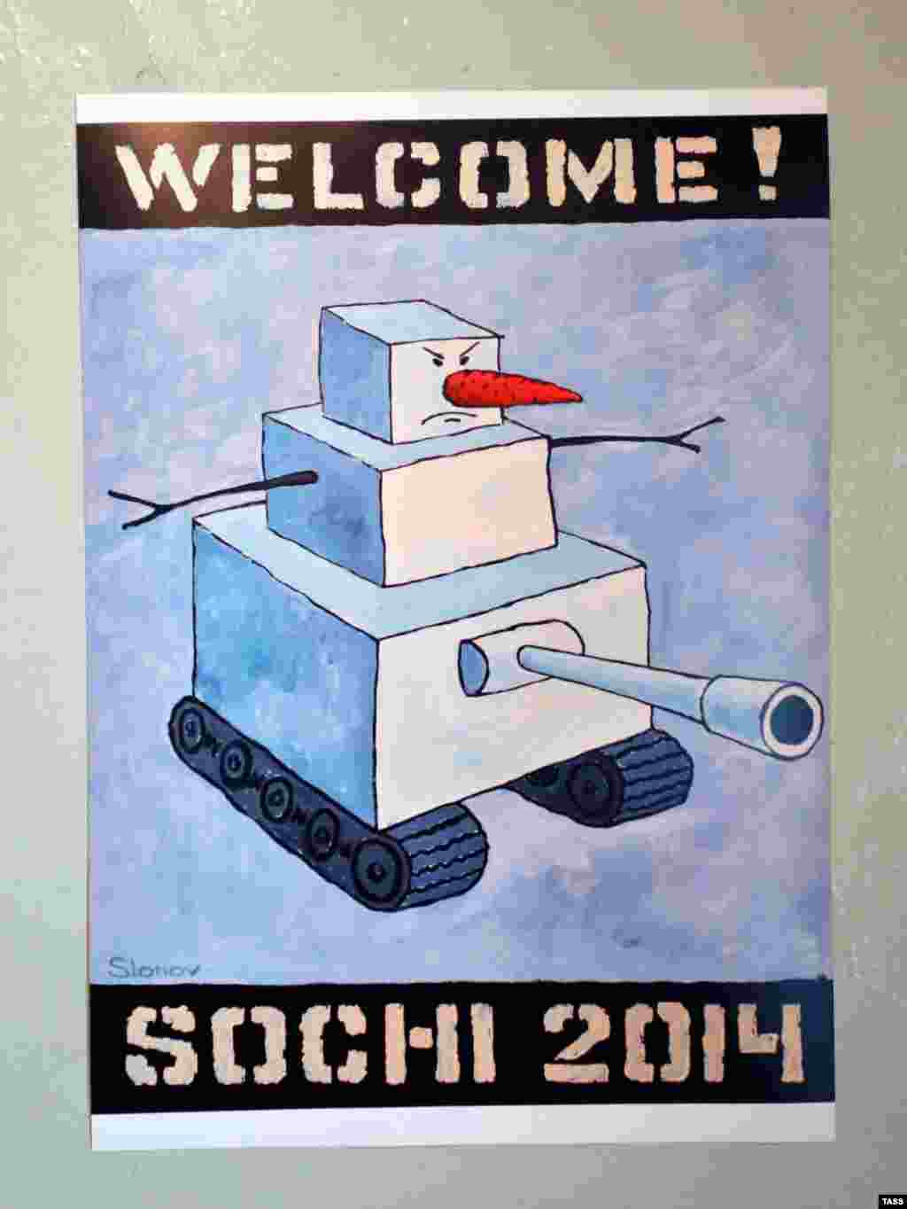 Vasily Slonov&#39;s Welcome! Sochi-2014 poster with a tank-shaped snowman.