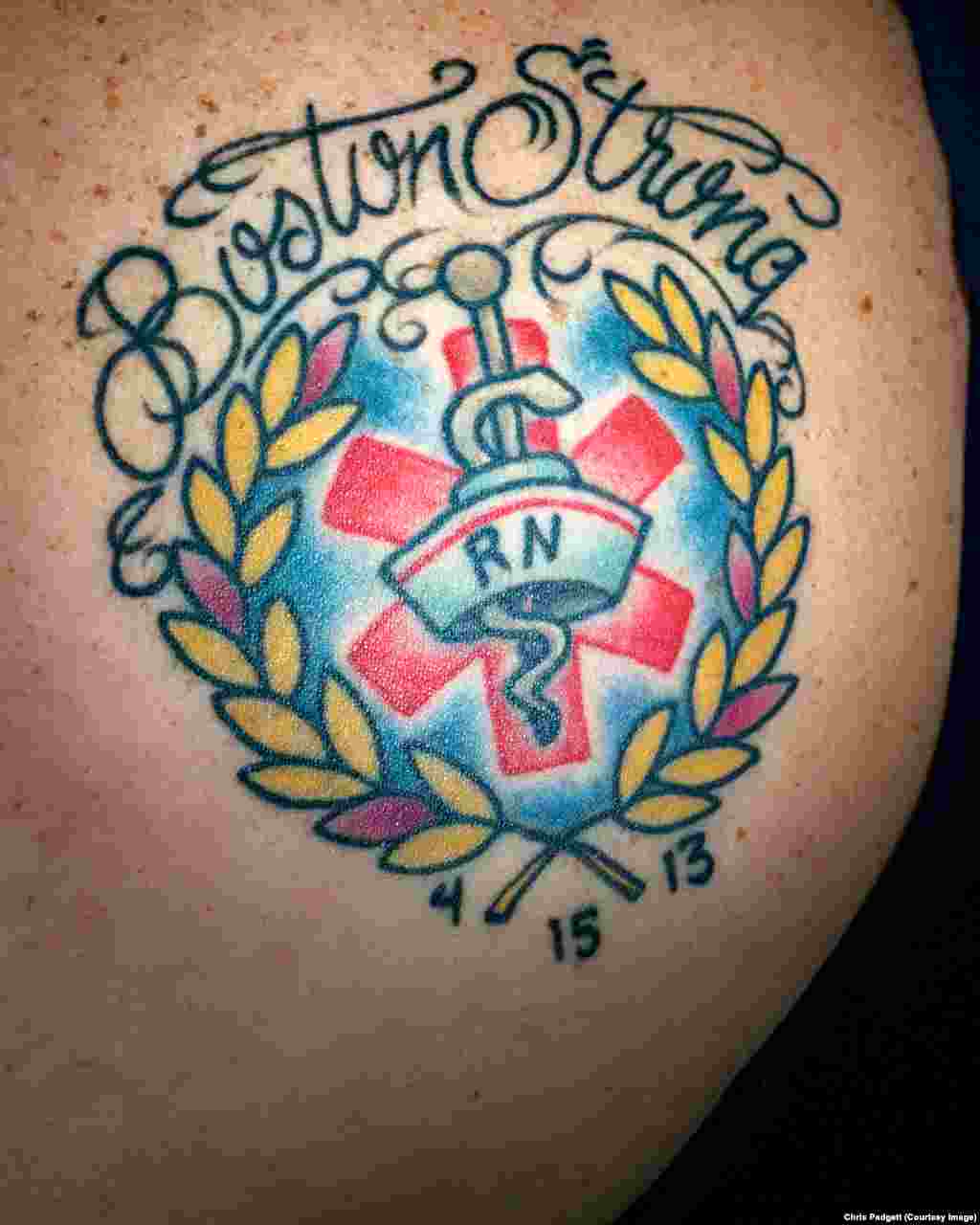 Rachel and several other nurses from the Lowell General Hospital received matching tattoos. They all offered medical help at the finish line in the aftermath of the marathon bombing.