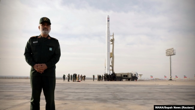 Amirali Hajizadeh, head of the aerospace division of the Revolutionary Guards, stands before the launch of the first military satellite named Noor into orbit by Iran's Revolutionary Guards Corps, in Semnan, Iran April 22, 2020.