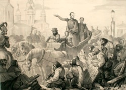 Николай I усмиряет холерный бунт на Сенной площади Петербурга в 1831 году. Неизвеcтный художник.