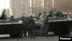 Armenia -- Soldiers patrol streets of Yerevan on March 2, 2008.