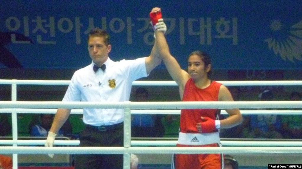 Tajik boxer Mavzuna Chorieva after a victory in the Asian Games in South Korea in 2014.