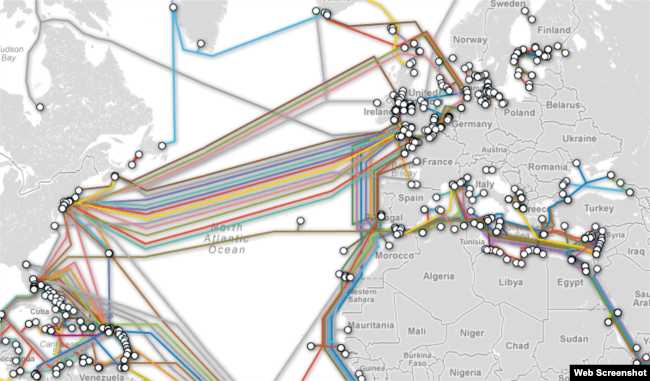Undersea fiber-optic cables carry the bulk of intercontinental Internet traffic. (illustrative image)