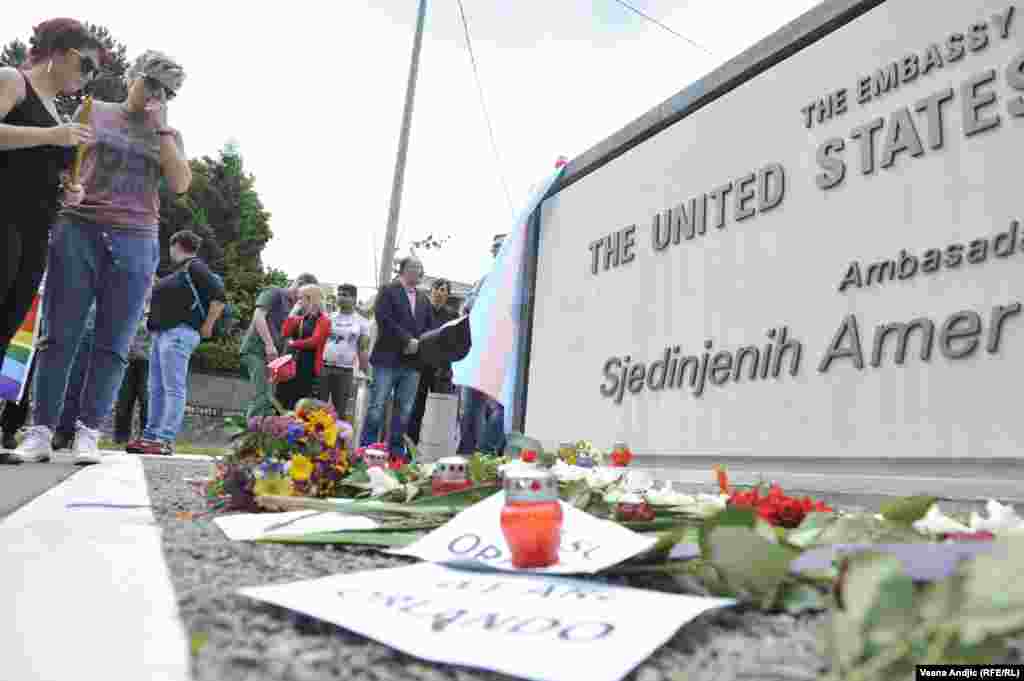 A memorial in front of the U.S. Embassy in Belgrade, Serbia