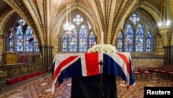 The coffin of former British Prime Minister Margaret Thatcher in the Crypt Chapel of St. Mary Undercroft.