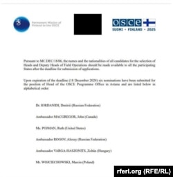 An internal OSCE document shows Dmitry Iordanidi, who was expelled from Belgium, as a candidate to head the OSCE office in Kazakhstan.