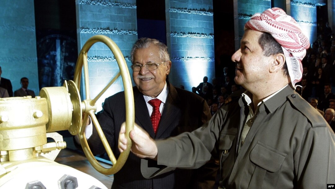 Iraqi President Jalal Talabani (left), a Kurd, and Kurdish regional President Mas'ud Barzani open a ceremonial valve during an event to celebrate the start of oil export from Kurdistan in June.