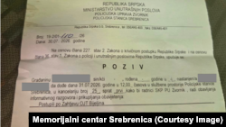 Poziv jednom u suradnika Memorijalnog centra Srebrenica na saslušanje u policiju.