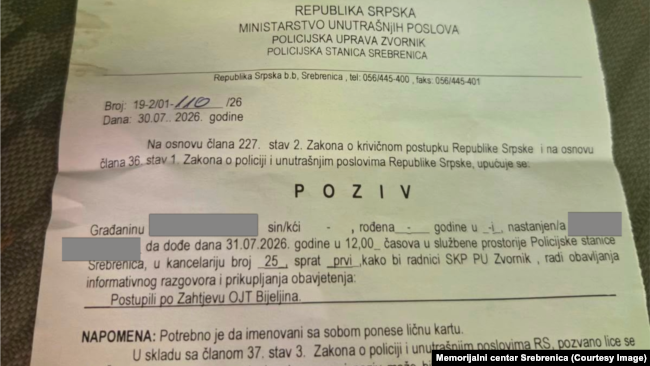 Poziv jednom u suradnika Memorijalnog centra Srebrenica na saslušanje u policiju.