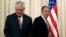 Russian Foreign Minister Sergei Lavrov (right) and U.S. Secretary of State Rex Tillerson arrive for a news conference following their talks in Moscow on April 12.
