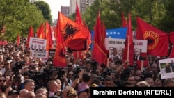 A protest in Pristina on August 6, 2025, against the trial of former President Hashim Thaci and three other defendants at The Hague.