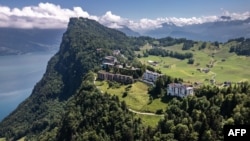 This aerial photograph taken on June 4 shows the luxury Burgenstock resort above Lake Lucerne that will host a Ukraine peace summit on June 15-16.