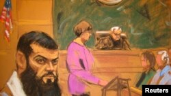 A courtroom sketch shows Abid Naseer (L) listening to the verdict being read by courtroom deputy Ellen Mulqueen (C) during his federal trial in Brooklyn, New York on March 4.