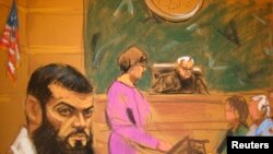 A courtroom sketch shows Abid Naseer (L) listening to the verdict being read by courtroom deputy Ellen Mulqueen (C) during his federal trial in Brooklyn, New York in March 4.