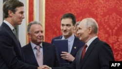 Russian President Vladimir Putin welcomes US special envoys Jared Kushner (left) and Steve Witkoff at the Kremlin on September 5.