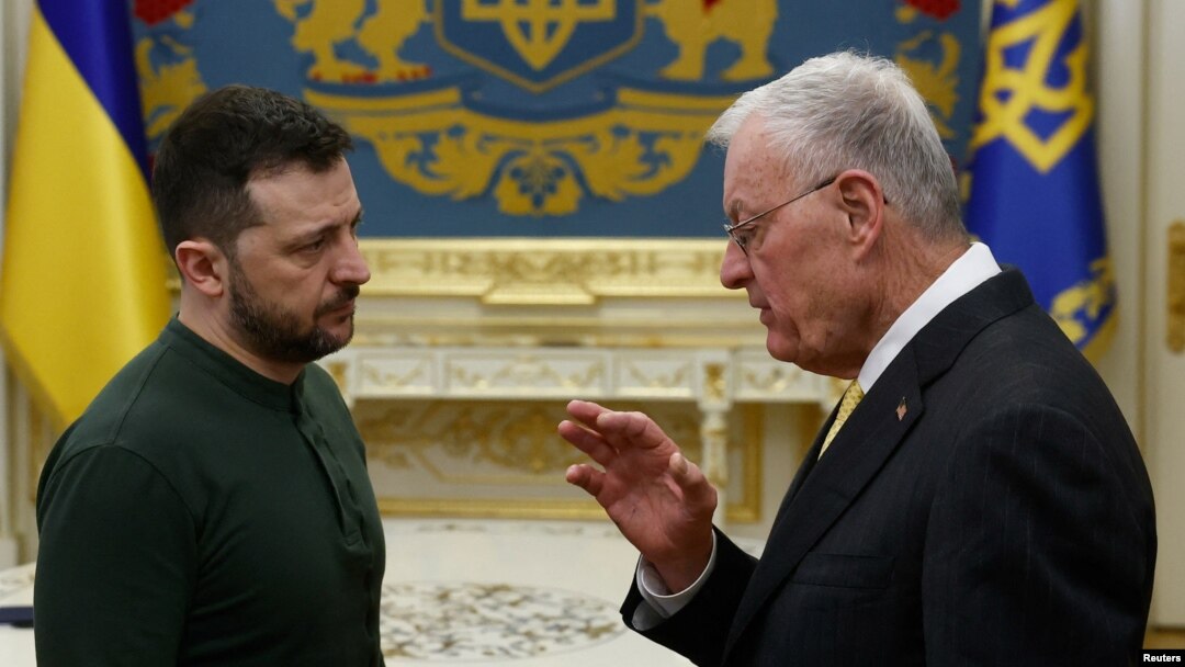 U.S. Special Envoy to Ukraine and Russia Keith Kellogg meets with Ukrainian President Volodymyr Zelenskiy in Kyiv on February 20.